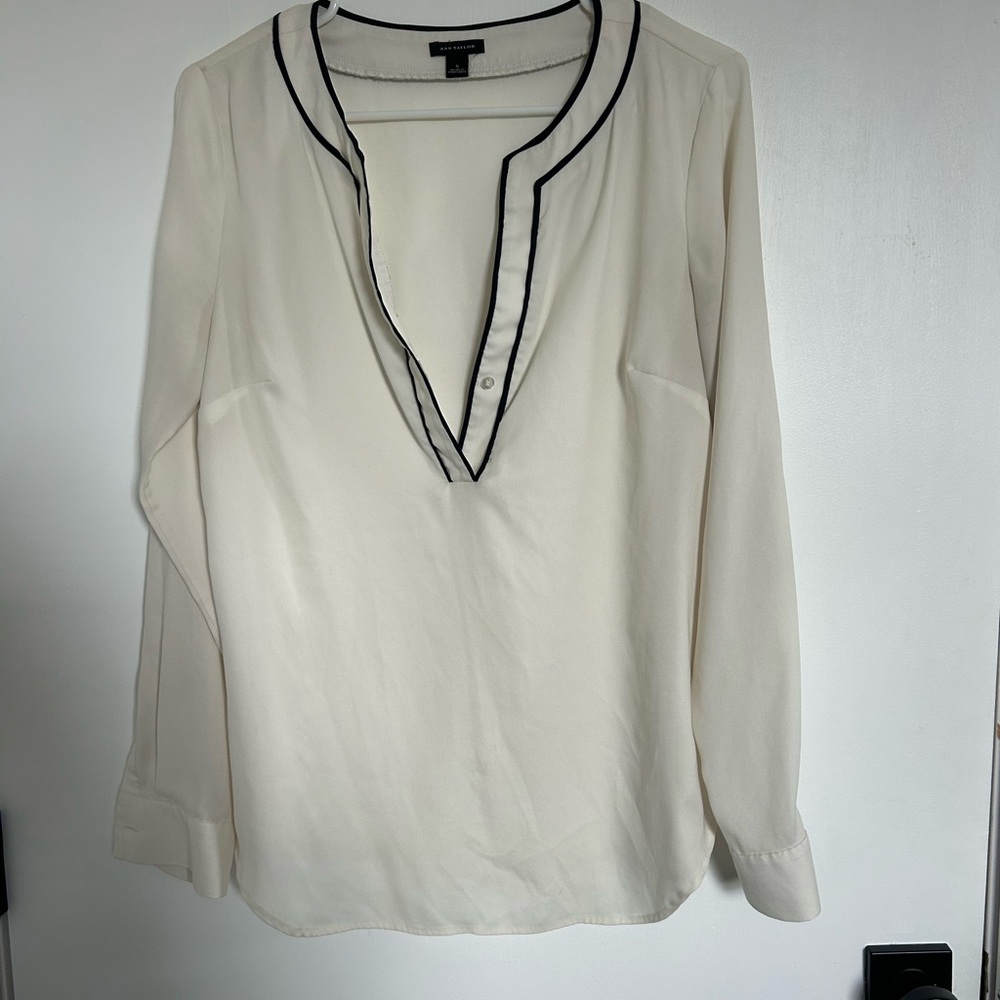 Ann Taylor Cream Blouse with Navy Piping